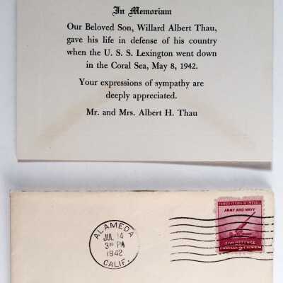 Card and envelope informing of death of Willard Albert Thau, May 1942