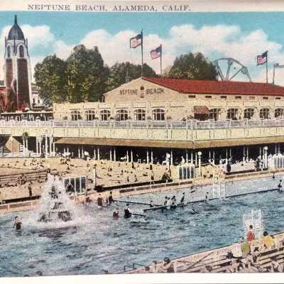 Postcard main swimming pool and pavilion, Neptune Beach, 1930