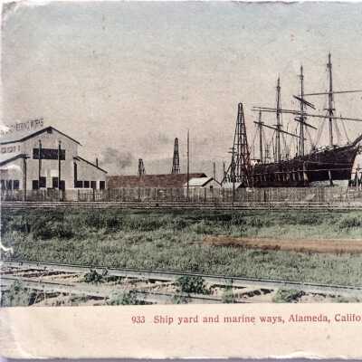 Postcard of a three-master and 'Shipyard and marine ways', 1908