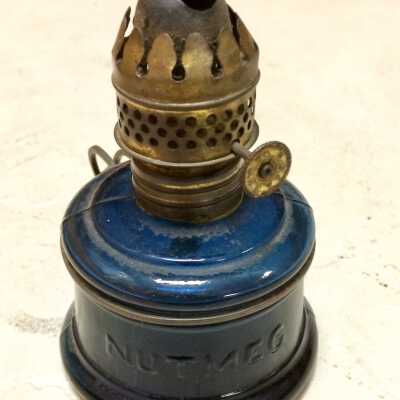 Miniature cobalt blue 'Nutmeg' kerosene lamp of the Krueger family