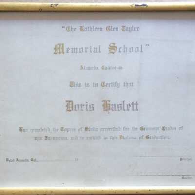 Diploma of Doris Haslett from the Kathleen Glen Taylor Memorial School, c. 1908