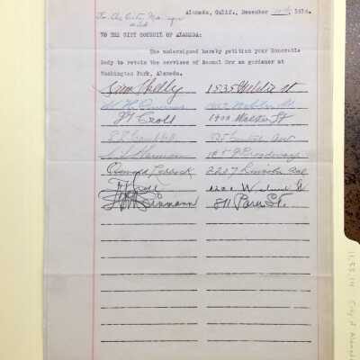 Petition to retain Samuel Orr as gardener at Washington Park, 1918