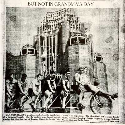 Newspaper clipping showing six men and a woman riding the 6-seat bicycle, 1938