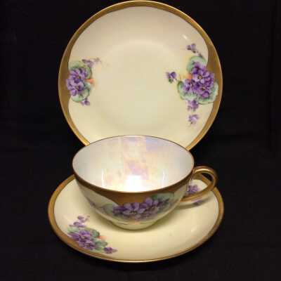 Merry Christmas cup, saucer, and plate painted by Jorgensen, c. 1930s