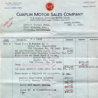 Receipt issued by Chaplin Motor Sales Company for a used Ford, 1939