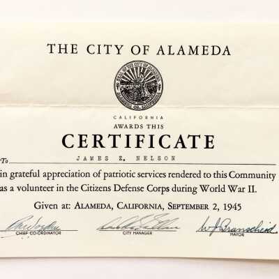 Certificate, with letter, for Citizens Defense Service of James Z. Nelson , 1945