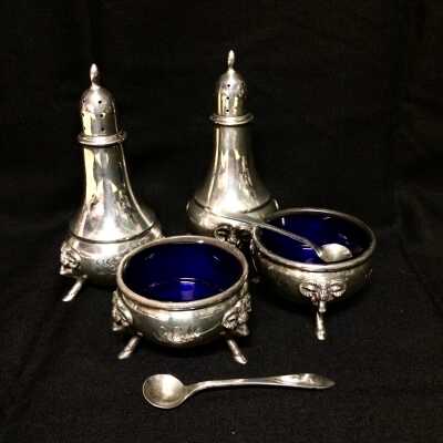 Silver and cobalt salt and pepper shakers with spoons, c. 1900s
