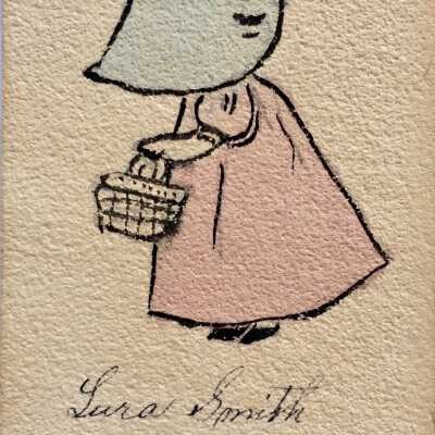 Hand painted calling card, sunbonnet baby, by Lura Smith, 1911