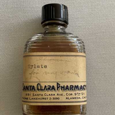 Prescription medicine bottle from the Santa Clara Pharmacy, c. 1940s or 1950s