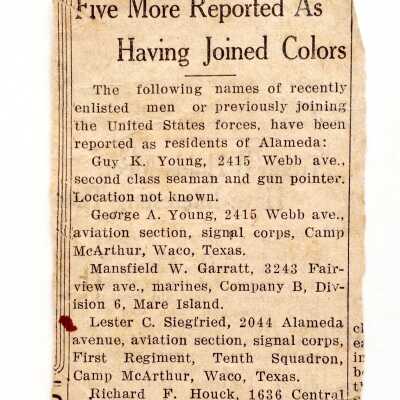 Newspaper Clipping Alamedans joining U.S. Forces, c. 1916