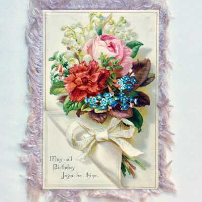 Greeting card with silk fringe, of the Knox family, c. 1890s
