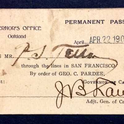 Permanent Pass of Philip S. Teller for San Francisco, 1906