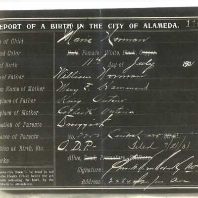 C - negative photo of Birth Report of Marie Norman, 1901.