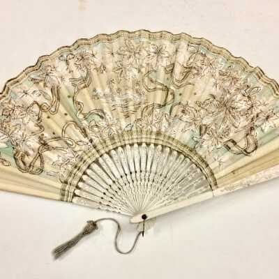 Japanese paper fan with gold and silver designs, c. 1912