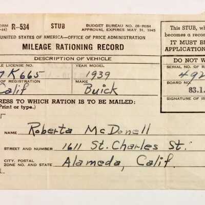 Mileage Rationing Record issued to Roberta McDonell, 1944
