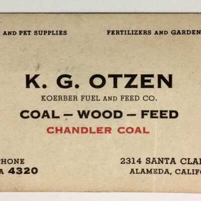 Business card of K. G. Otzen, dealer in coal, wood, & feed, 1920s