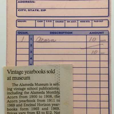 Clipping and receipt about acquiring of Acorn yearbook, 2001