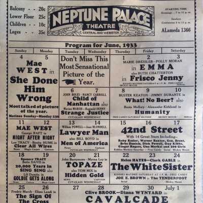 Neptune Palace Theatre Program for June, 1933