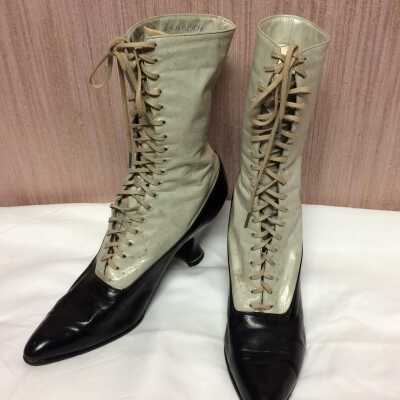 Pale greyblue & black leather high lace shoes, c. 1900