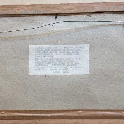 back: contents of label (incl. typos)
ALAMEDA SHORE FOOT OF PACIFIC AVENUE, COPIED FROM PAINTING BY JOSEPH LEE. 
THIS LOCATION WAS WHERE THE FIRST TRANSCONTENTAL TRAIN ARRIVED 
FROM OCEAN TO OCEAN. 
THE EL CAPITAN AND THE ALAMEDA WERE 
THE FIRST FERRY BOATS AT WHARF 
TRANSFERRING PASSINGERS TO TO SAN -FRANCISCO DONATED TO ALAMEDA" HISTORICAL SOCIETY BY MR.R.E.BOSSHARD. 
408- 14th STREET OAKLAND. CAL,
MARCH 1957.
