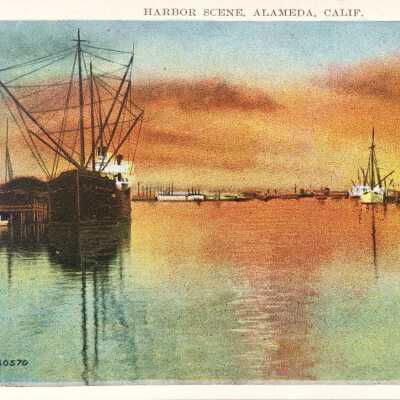 Postcard of ocean-going vessels and dockage, c. 1929-1930