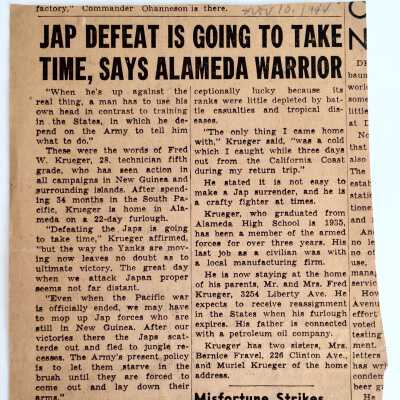 Newspaper Clipping of article featuring interview with Fred W. Krueger, 1944