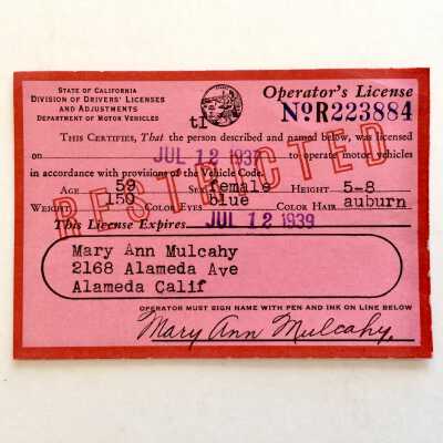 Driver's License issued to Mary Ann Mulcahy, 1937-1939
