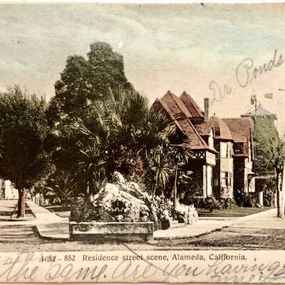 Handcolored Postcard of the 'Rockery' and Pond residence, 1908
