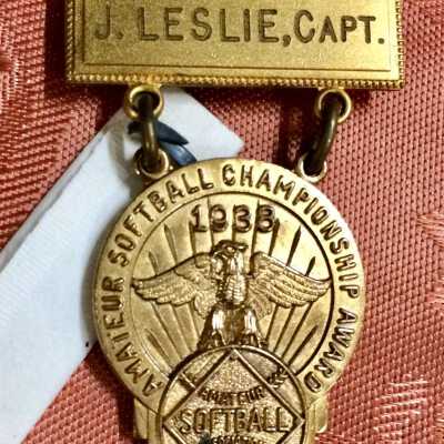 Amateur Softball Championship Award pin of Jessie Leslie, 1938