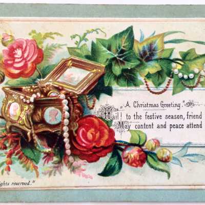 Greeting Card depicting Jewelry Chest surrounded by Flowers, c. 1880s