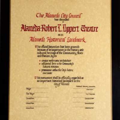 Plasticized framed proclamation Alameda Theatre Historical Landmark