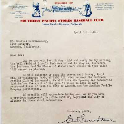 Letter about failure to open 1939 Baseball season because of rainfall