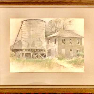 Watercolor of the Ratto Farm house, Island Farm, by Steve Davis, 1979