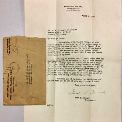 Letter from Postmaster Samuel to Secretary Association of Letter Carriers, 1937