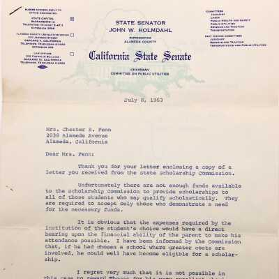 Letter from State Senator John W. Holmdahl re Scholarships, 1963