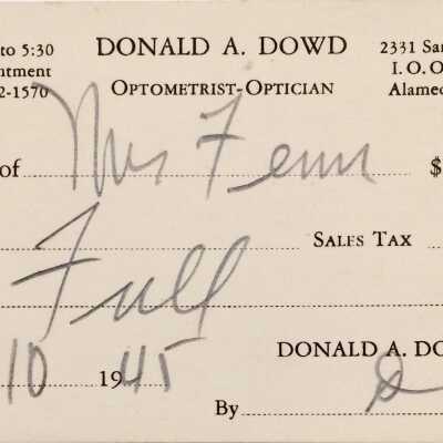 Receipt from Daniel A. Dowd, Optometrist, 1945