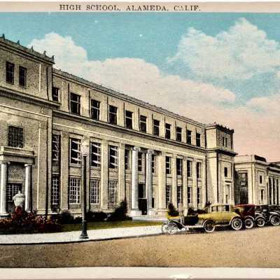 Postcard main facade Alameda High School, c. 1930