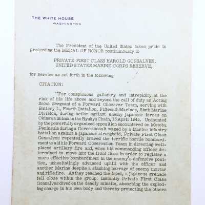 Citation presenting Medal of Honor to Harold Gonsalves, c. 1949