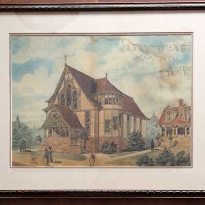 Watercolor Architect's drawing of never realized Synagoge, 1896-1897