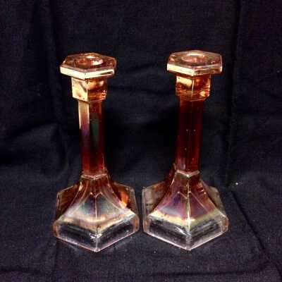 Carnival glass candlesticks with iridescent rinse, c. 1920s