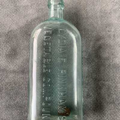 Double seam aqua glass bottle of Lydia E. Pinkham tonic, c. 1900