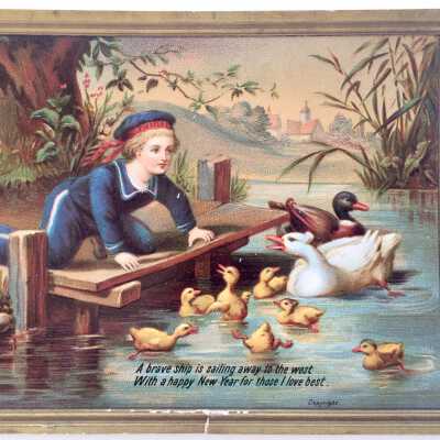 Greeting card with a child and ducks given to Theodore Eisfeldt, c. 1880s