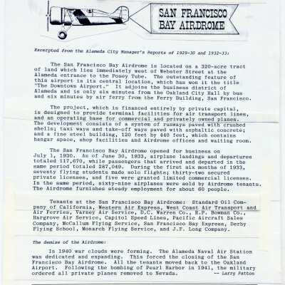 Narrative about the history of the San Francisco Bay Airdrome, 1984