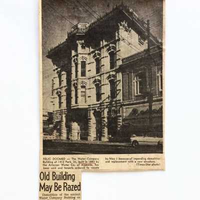 Clipping about possible demolition of Water Works Building, 1955