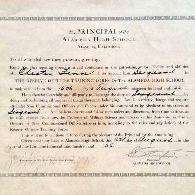 AHS ROTC Certificate appointing Chester Fenn, Sergeant, 1926