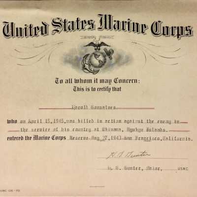 Citation awarded posthumously to Pfc Harold Gonsalves, 1949