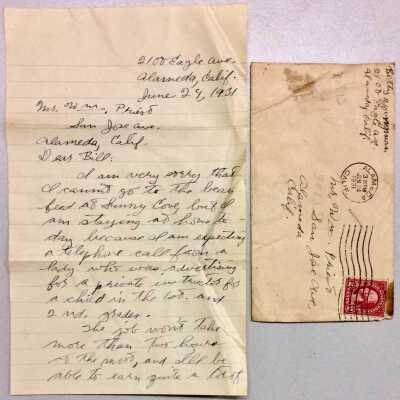 Letter to William Priest turning down visit to Sunny Cove Beach, 1931