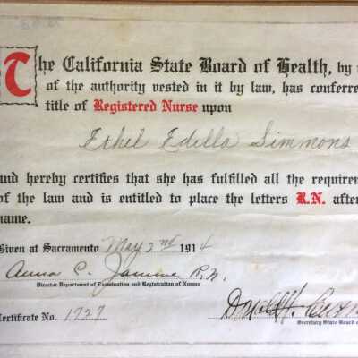 Registered Nurse Certificate California State Board of Health, 1914