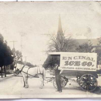 Photo postcard of Encinal Ice Company delivery wagon, c. 1910-1912