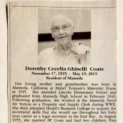 Clipping of Obituary of Dorothy Cecelia Ghiselli Coats, 2015
